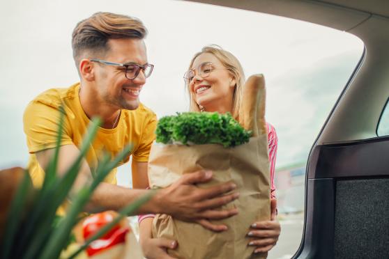 A family grows grocery shopping for fresh spring produce