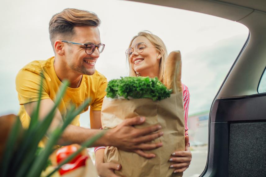 A family grows grocery shopping for fresh spring produce